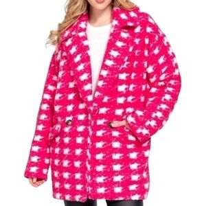 Long Sleeve Double Breasted Check Print Boucle Fleece Coat